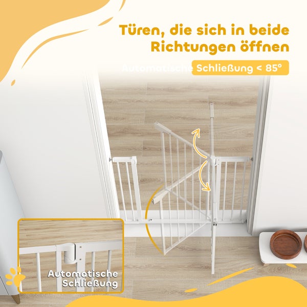 Weißes Türschutzgitter mit automatischem Verschluss und beidseitiger Öffnungsfunktion für Kinder und Haustiere.