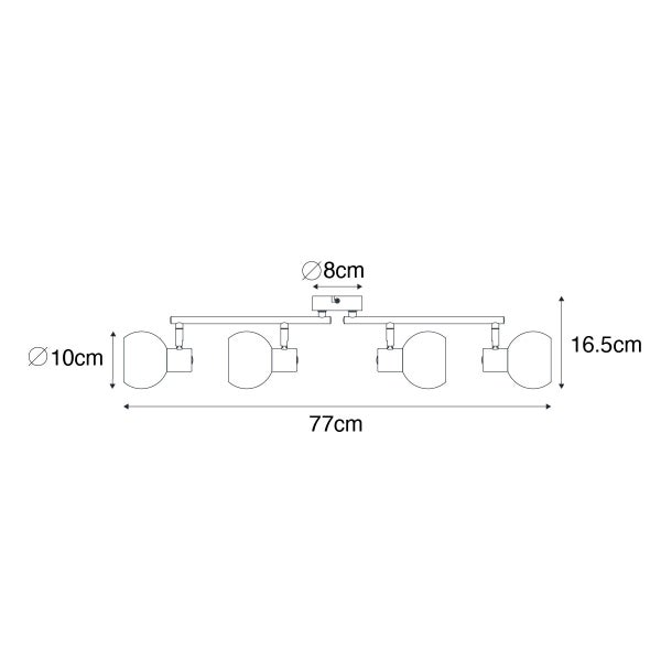 Technische Zeichnung einer Deckenleuchte mit vier Strahlern und Maßangaben