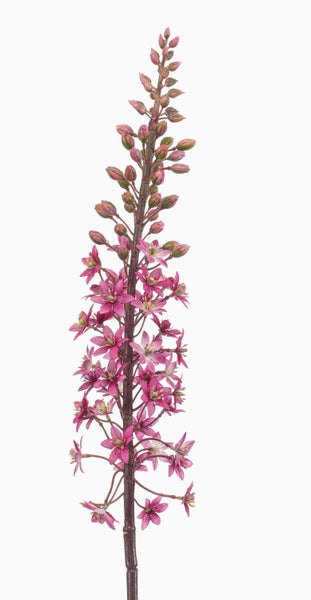 Künstlicher Blumenstiel mit pinken Blüten und Knospen.