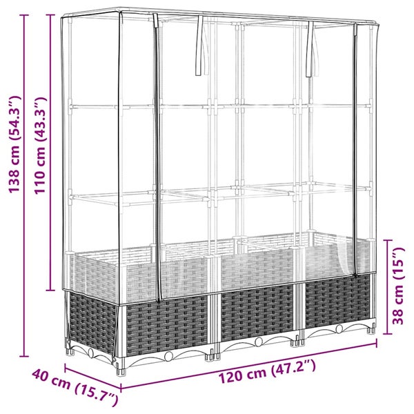 Hochbeet mit Gewächshaus aus Polyrattan, Maße 120 mal 40 mal 138 Zentimeter, Basishöhe 38 Zentimeter, Aufsatzhöhe 110 Zentimeter.