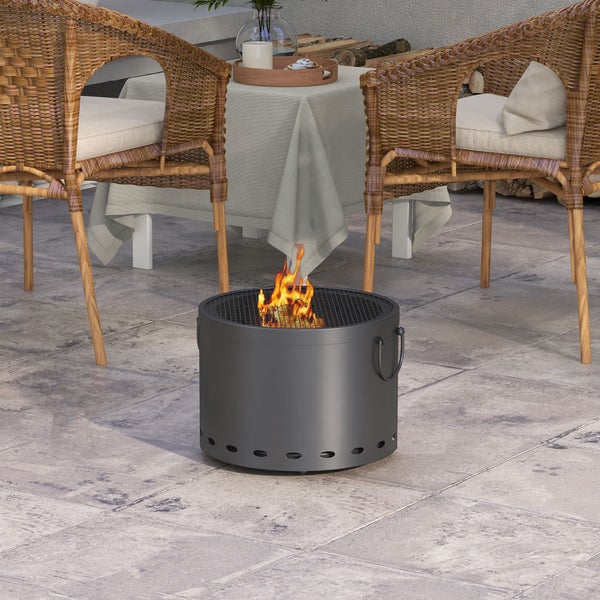Outsunny Feuerstelle, mit Schürhaken und Funkenschutz, Tischfeuer für Garten, Picknick, Ø38cm, Metall, Dunkelgrau