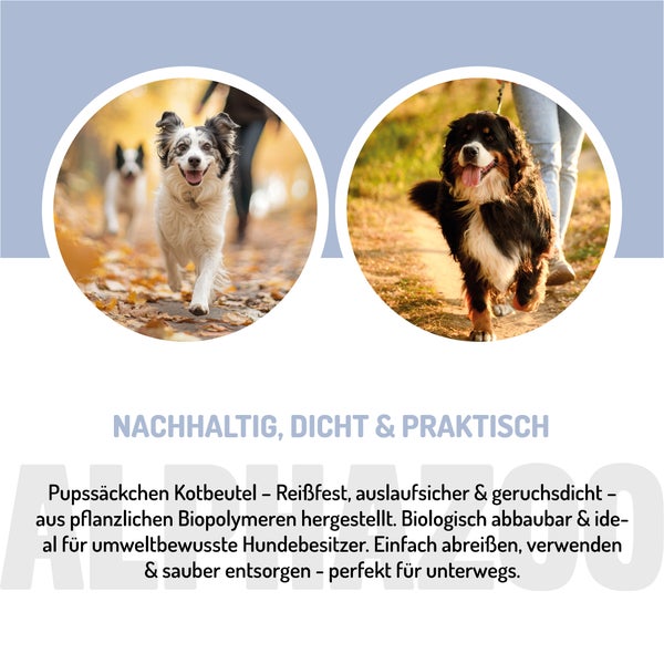 Zwei Fotos von Hunden beim Spaziergang, die für Hundekotbeutel werben