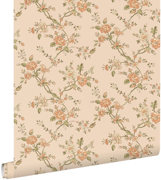 Blumentapete mit Ranken und Blüten im Vintage-Stil.
