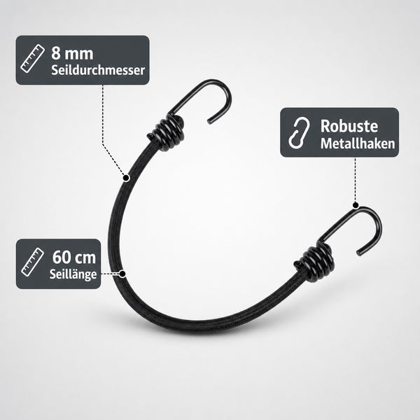 Spannseil mit 60 Zentimeter Länge, 8 Millimeter Durchmesser und robusten Metallhaken für eine sichere Befestigung.