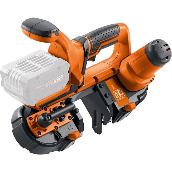 Fein Akku-Bandsäge in Orange und Schwarz mit weißem Bosch AMPShare Akku.