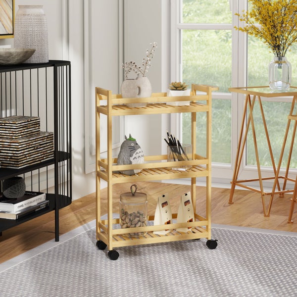 Servierwagen aus Holz mit drei Ablagen und Rollen