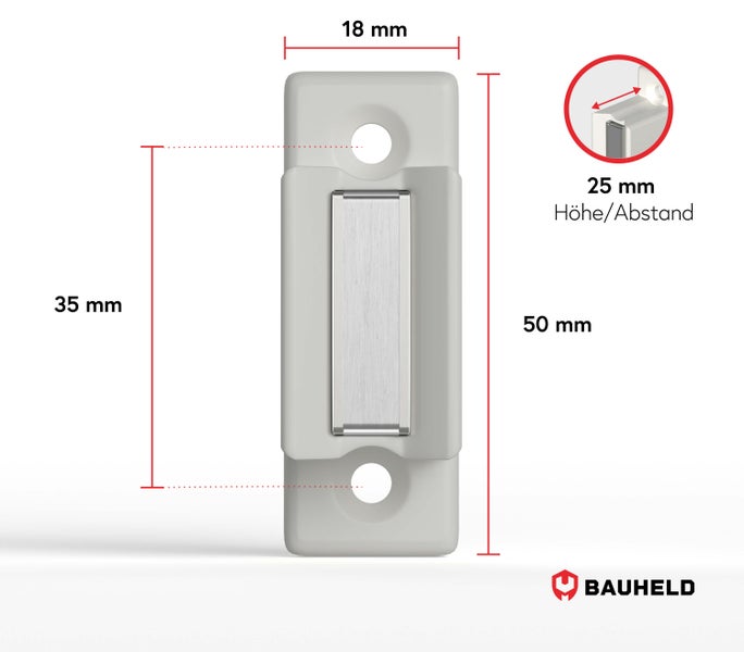 Bauheld Magnetschnäpper mit den Maßen 50 Millimeter Höhe, 18 Millimeter Breite und 25 Millimeter Abstand