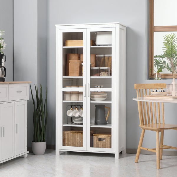 HOMCOM Küchenschrank Hochschrank Küchenbuffet mit 2 Glastüren Esszimmerschrank Vitrinenschrank mit 2 verstellbaren Innenböden Kippschutz Spanplatte Weiß 80 x 39,5 x 160 cm