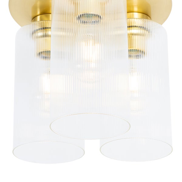 Deckenleuchte mit drei klaren, zylindrischen Glasschirmen und goldfarbener Halterung