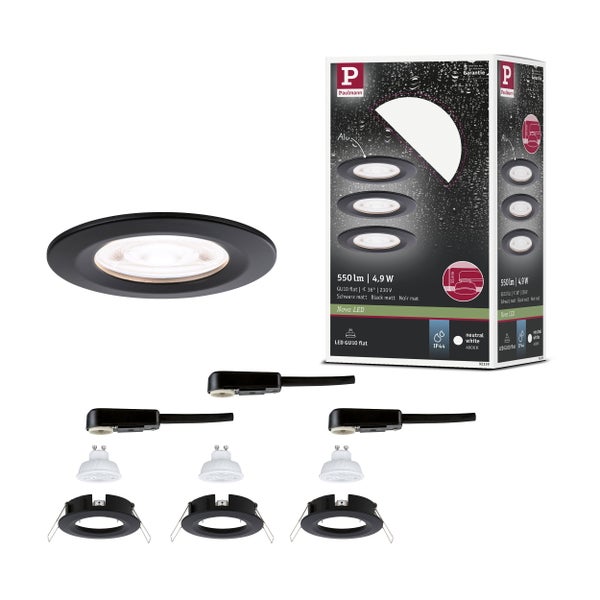 Paulmann LED Einbaustrahler Set Nova, 3 Stück, GU10 flat, Schwarz matt, neutralweiß, IP44.