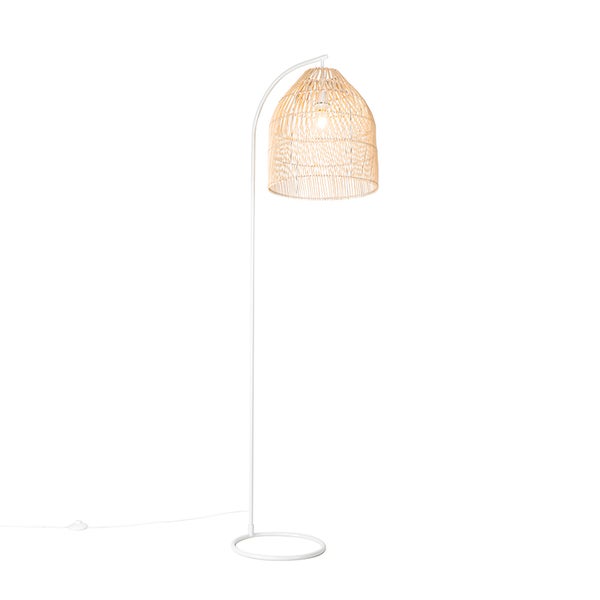 QAZQA - Landhaus I Vintage Land Stehlampe weiß mit Rattan - Sam I Wohnzimmer I Schlafzimmer - Stahl Länglich - LED geeignet E27