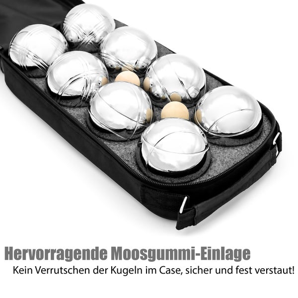 Set of six silver boules with three jack balls in a black carrying case.