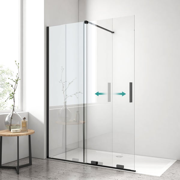 Walk-in-Dusche EMKE Eckdusche Duschabtrennung 140cm Breit 195 cm Höhe, Walk In Duschen, Duschtür mit Seitenwand, 8mm ESG-Sicherheitsglas mit Nano Beschichtung, Schwarz