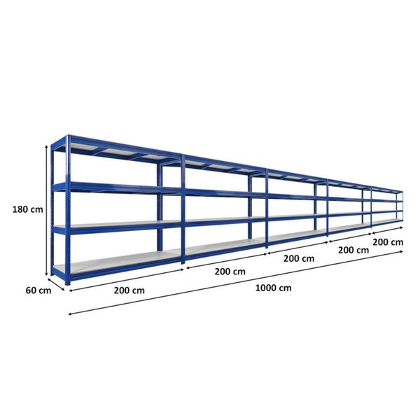 Metallregal mit mehreren Ebenen und Maßangaben