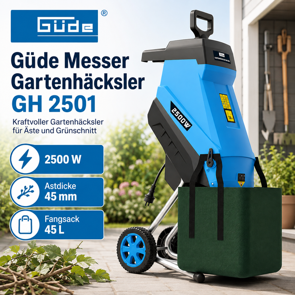 Guede Messer Gartenhäcksler GH 2501 mit 2500 Watt Leistung fuer Aeste bis 45 Millimeter Durchmesser und 45 Liter Fangsack auf einer Terrasse.
