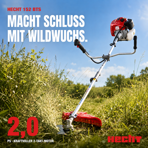 Benzin-Motorsense Hecht 152 BTS mit 2,0 Pferdestärken Zweitaktmotor beim Mähen von hohem Gras auf einer Wiese.