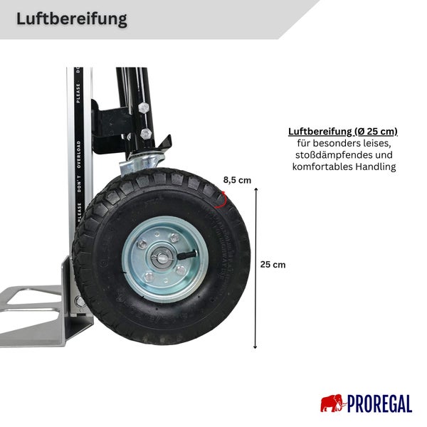 Sackkarrenrad mit Luftbereifung, Durchmesser 25 Zentimeter, Reifenbreite 8,5 Zentimeter. Proregal Logo.