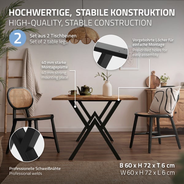 ML-Design 2 Stück Tischbeine 60xH72cm, Tischkufen X-Form, aus Stahl pulverbeschichtet, Schwarz, Industriedesign, Kufengestell für Esstisch/Schreibtisch, Tischgestell, Metall Möbelfüße für DIY-Projekte