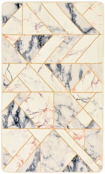 Teppich mit geometrischem Muster, Marmor-Optik und goldfarbenen Linien.