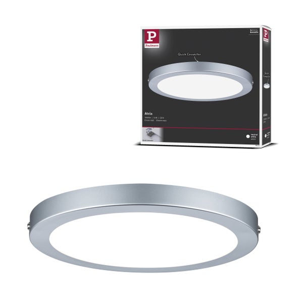 Paulmann Atria LED-Deckenleuchte, rund, chrom matt, 14 Watt, 1500 Lumen, neutralweiß 4000 Kelvin, Quick Connector, 5 Jahre Garantie, Paulmann Logo.