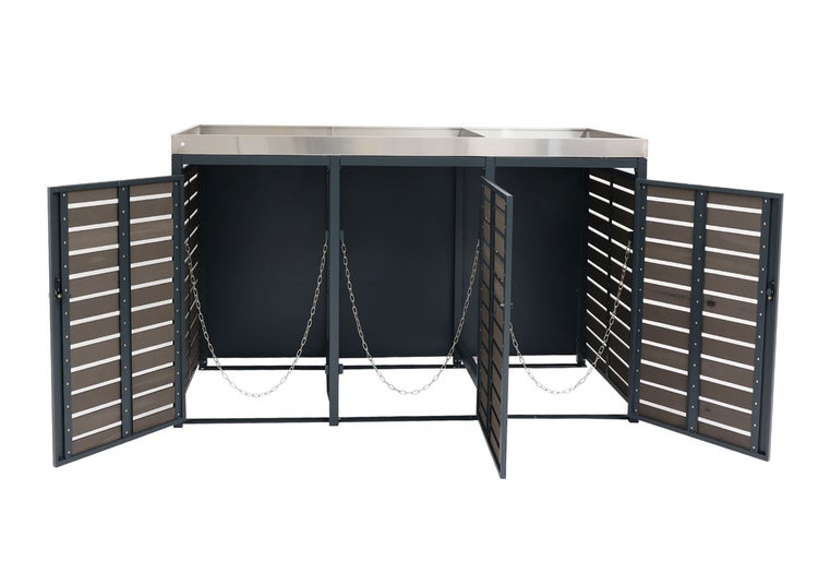 Mülltonnenbox für drei Mülltonnen mit Türen und Ketten