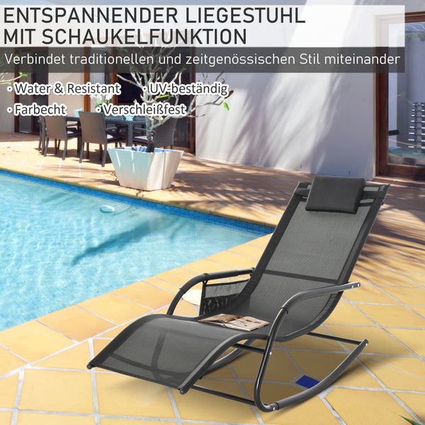 Schaukel-Liegestuhl aus Mesh-Gewebe am Pool auf einer Terrasse, wasserfest und beständig gegen ultraviolette Strahlung, moderner Stil.