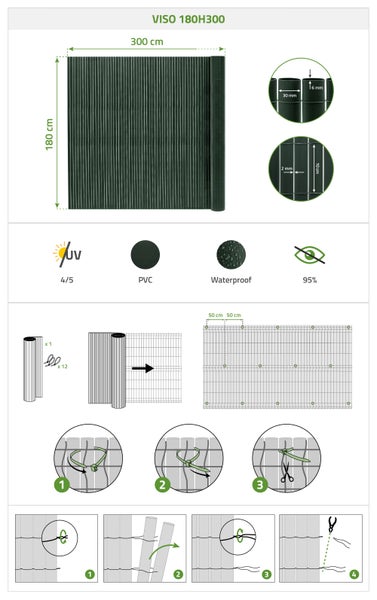 PVC Sichtschutzmatte Viso in den Maßen 180 mal 300 Zentimeter inklusive Befestigungsmaterial und Montageanleitung für den Garten.