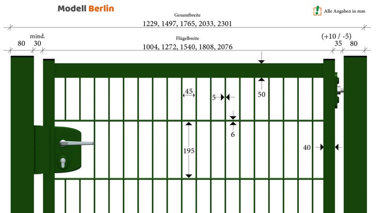 Technische Zeichnung Modell Berlin mit Maßangaben in Millimeter für Gesamtbreite und Flügelbreite.