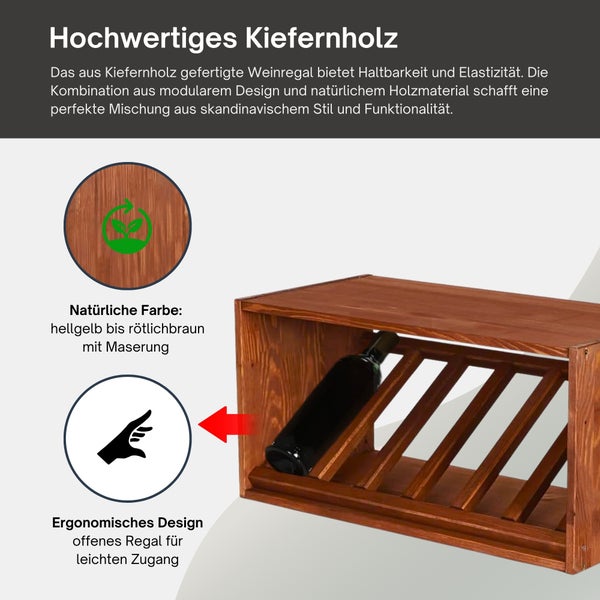 Weinregal aus Kiefernholz im skandinavischen Design mit schrägen Holzstreben für Weinflaschen und offenem Regal für leichten Zugriff.
