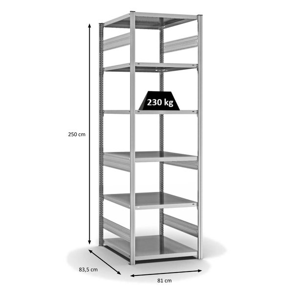 PROREGAL Fachbodenregal Stecksystem T-Profil Medium-Duty Grundregal HxBxT 250 x 75 x 80 cm 6 Ebenen Fachlast 230 kg Beidseitig Nutzbar Verzinkt