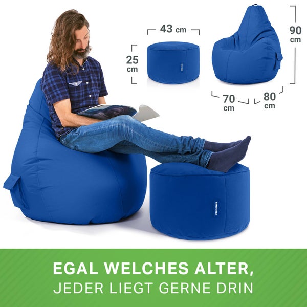 Green Bean 2er Set Sitzsack + Hocker - fertig befüllt - robust waschbar schmutzabweisend - Kinder & Erwachsene Bean Bag Bodenkissen Lounge Sitzhocker Relax-Sessel Gamer Gamingstuhl Pouf - Blau