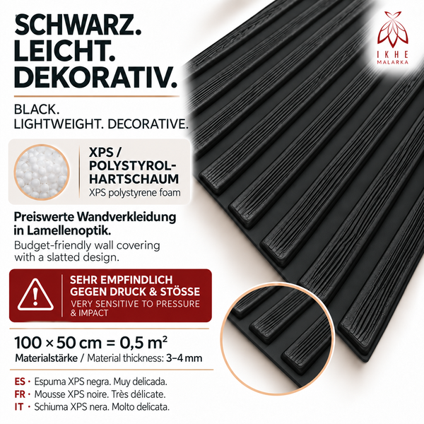 Dekorative Wandverkleidung aus Polystyrol Hartschaum in Lamellenoptik. Maße 100 mal 50 Zentimeter. Ikhe Malarka Logo.