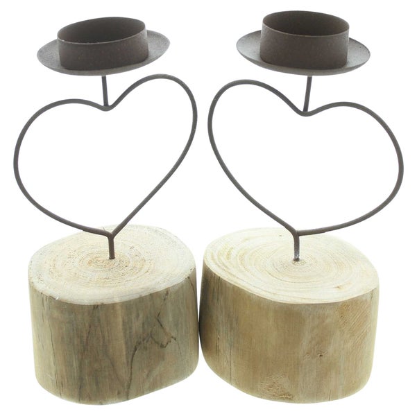 FRANK FLECHTWAREN | Teelichthalter Rostherz, 2er Set, METALL, HOLZ, ca. 9 x 8,5 x 18 cm