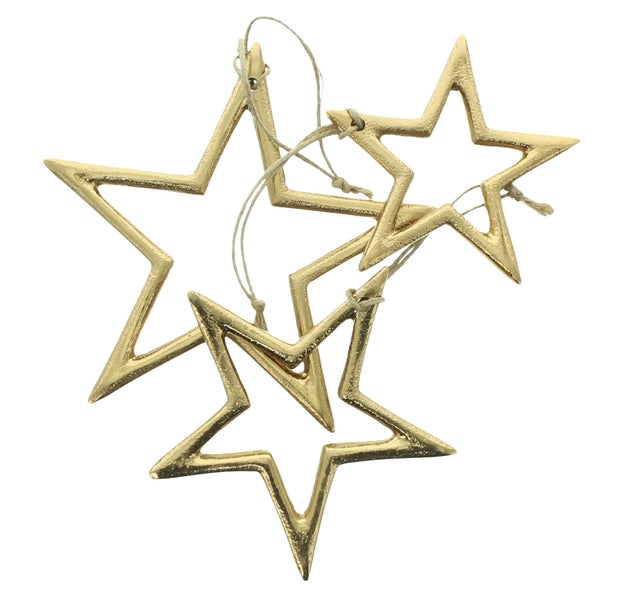 Drei dekorative Weihnachtssterne aus Metall zum Aufhängen mit Kordel