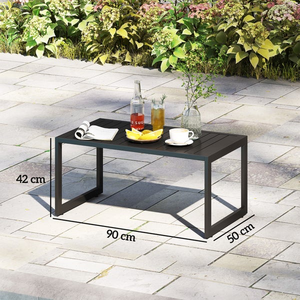 Outsunny Beistelltisch mit Lamellendesign Balkontisch aus Aluminium Kaffeetisch wetterfest Gartentisch pflegeleicht Sofatisch Outdoor Tisch für Balkon Garten Terrasse 90 x 50 x 42 cm Schwarz