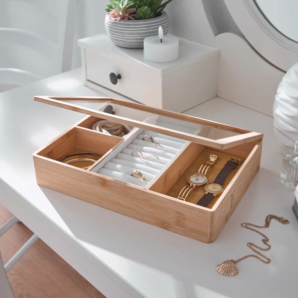 FRANK FLECHTWAREN|Aufbewahrungsbox Jewellery, 28 x 20 x 5,5 cm, BAMBUS, GLAS, SAMT