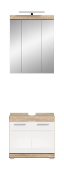 Badezimmermöbel-Set bestehend aus einem dreitürigen Spiegelschrank mit Beleuchtung und einem Waschbeckenunterschrank in Eiche-Optik und Weiß.