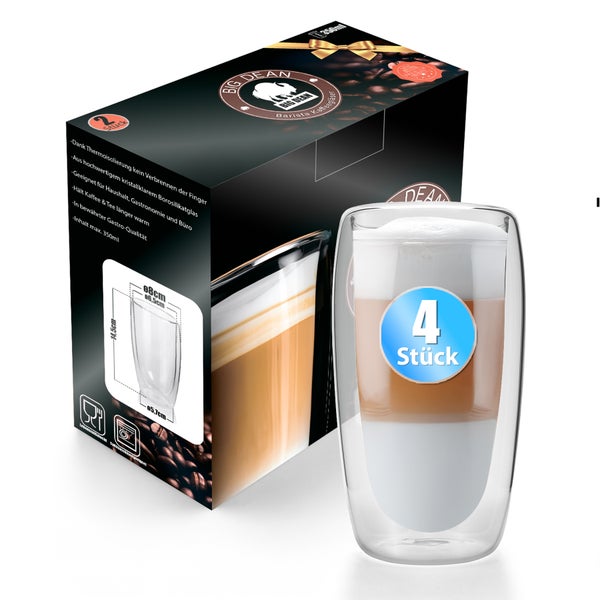 Set aus 4 doppelwandigen Kaffeegläsern von Big Dean, 350 Milliliter, Borosilikatglas, für Latte Macchiato oder Tee, inklusive Verpackung.