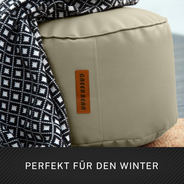 Beiger Sitzpouf mit karierter Decke und Green Bean Logo