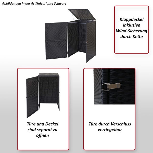 Mülltonnenbox aus Polyrattan mit separater Tür und Deckel, inklusive Kette als Windsicherung