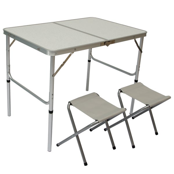 AMANKA klappbarer höhenverstellbarer Campingtisch 90x60x70 cm inkl. 2 Falthocker Campingtischset Kofferformat Hell Grau