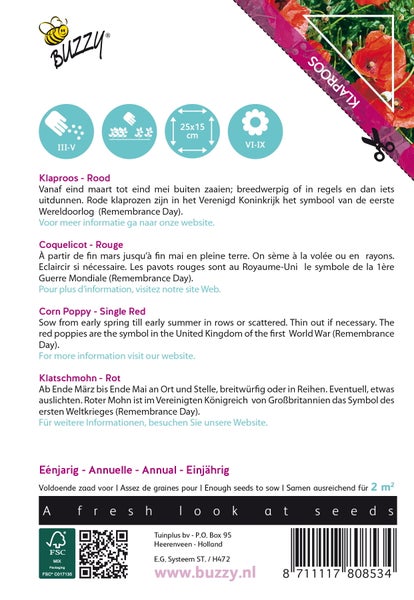Klatschmohn-Saatguttüte mit Informationen zu Aussaat und Pflege