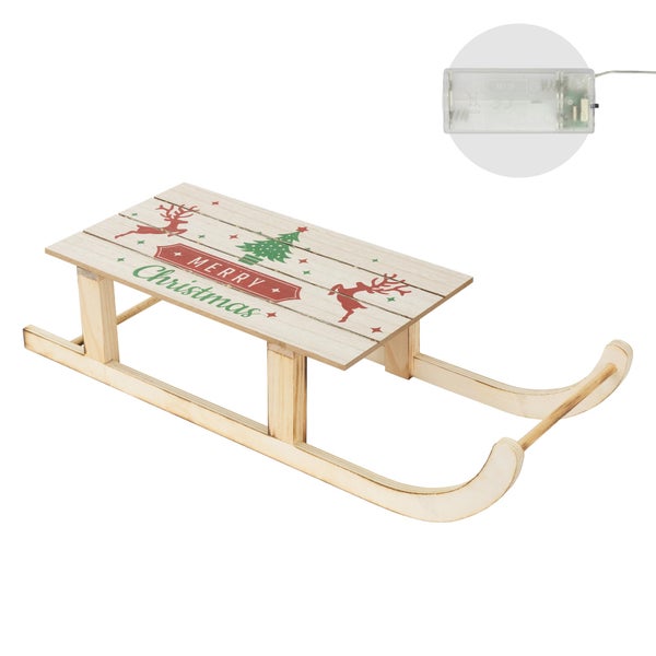 ECD Germany LED Deko Schlitten aus Holz mit 60 warmweißen LEDs, 60x21x13,5 cm, Braun, Batterriebetrieben, Beleuchteter Dekoschlitten mit Timer, Weihnachtsdeko Weihnachten Dekoration Deko Holzschlitten
