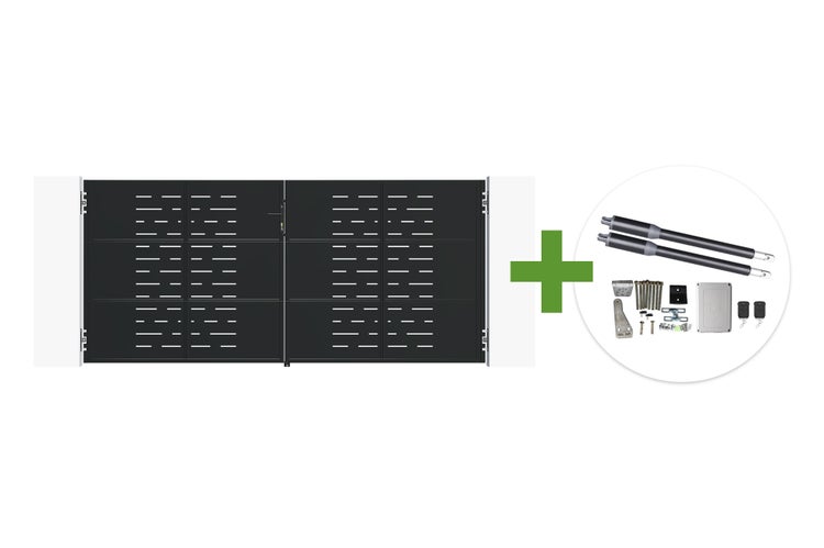 Doppelflügeltor mit modernem Design inklusive elektrischem Drehtorantrieb mit Fernbedienungen und Montagezubehör
