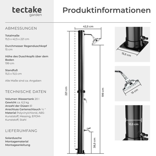 Produktinformationen zur Solardusche mit Abmessungen und technischen Daten