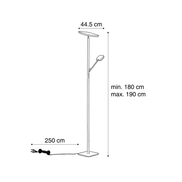 Technische Zeichnung einer LED Deckenfluter Stehleuchte mit Leselicht inklusive Abmessungen.
