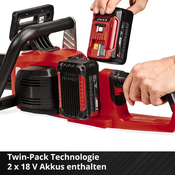 Einhell Akku-Kettensäge mit zwei 18 Volt Lithium-Ionen Akkus der Twin-Pack Technologie.