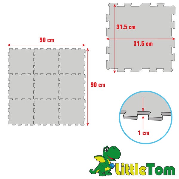 LittleTom Puzzlematte. Gesamtmaß 90 mal 90 Zentimeter, Einzelmatte 31,5 mal 31,5 Zentimeter, Stärke 1 Zentimeter. LittleTom Logo.