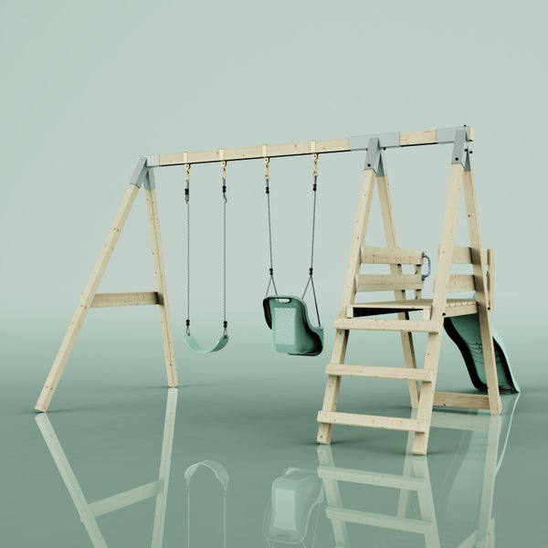 Spielturm aus Holz mit Kletterwand, zwei Schaukeln und Wellenrutsche.