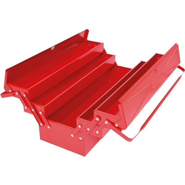 Geöffnete Werkzeugkiste aus Metall mit mehreren Fächern